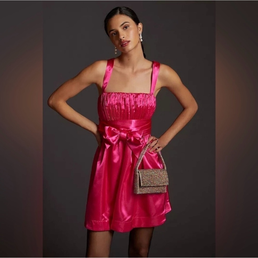 💓 ANTHROPOLOGIE Maeve Pink Satin Mini Bow-Tie Pleated Fit & Flare Dress Size 6